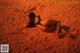 A woman in a black bikini laying on a sandy beach.